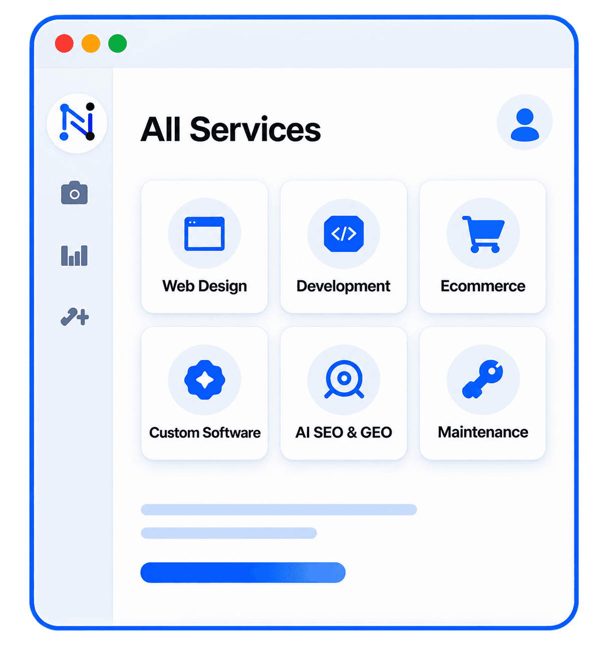 Browser window showing a services menu with tiles for web design, development, ecommerce, custom software, AI SEO and maintenance