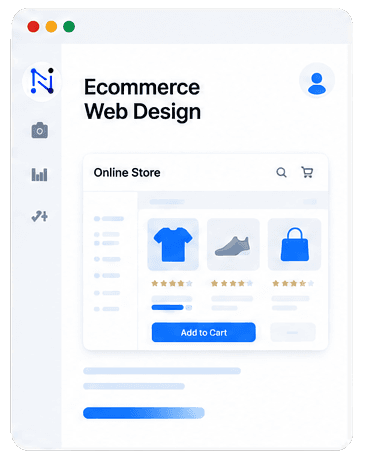 Browser window showing an online store product grid with ratings and an add to cart button