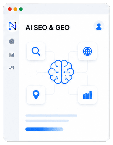 Browser window showing a central AI icon connected to search, location, global and analytics icons