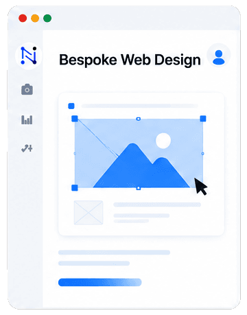 Browser window showing a website layout being designed, with an image block selected on the canvas