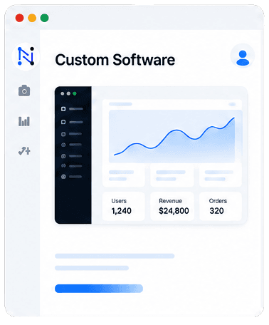 Browser window showing a business dashboard with a growth chart and summary figures for users, revenue and orders