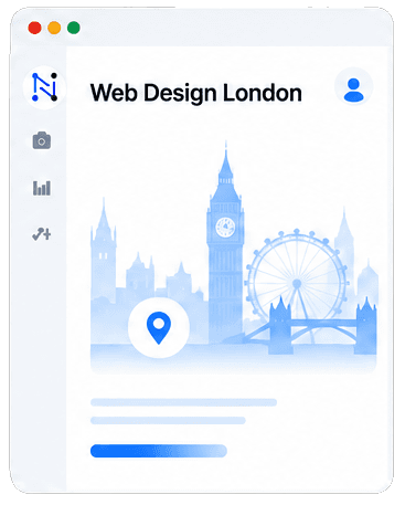 Browser window showing a London skyline with Big Ben, the London Eye and Tower Bridge, marked with a location pin